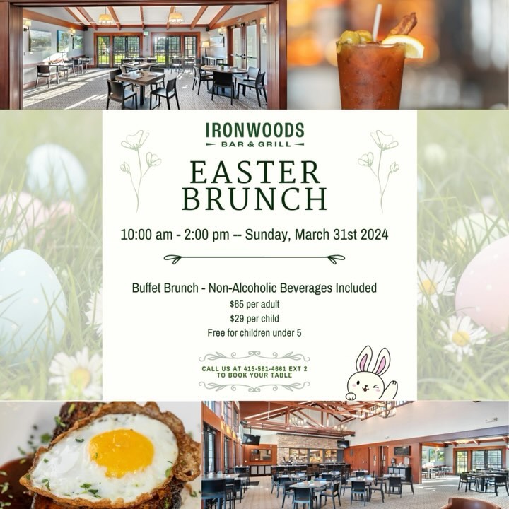 Join us for our Easter Sunday Brunch at Ironwoods Bar & Grill! Call our Restaurant to make a reservation at 415-561-4661 ext. 2. 🥞🍾☕️ 

#brunchinsf #easterbrunch #easterbrunchsf #presidiobrunch #sfrestaurants #sundayfunday #eastersunday #sanfranciscorestaurants #sundaybrunch #citybrunch #mimosas